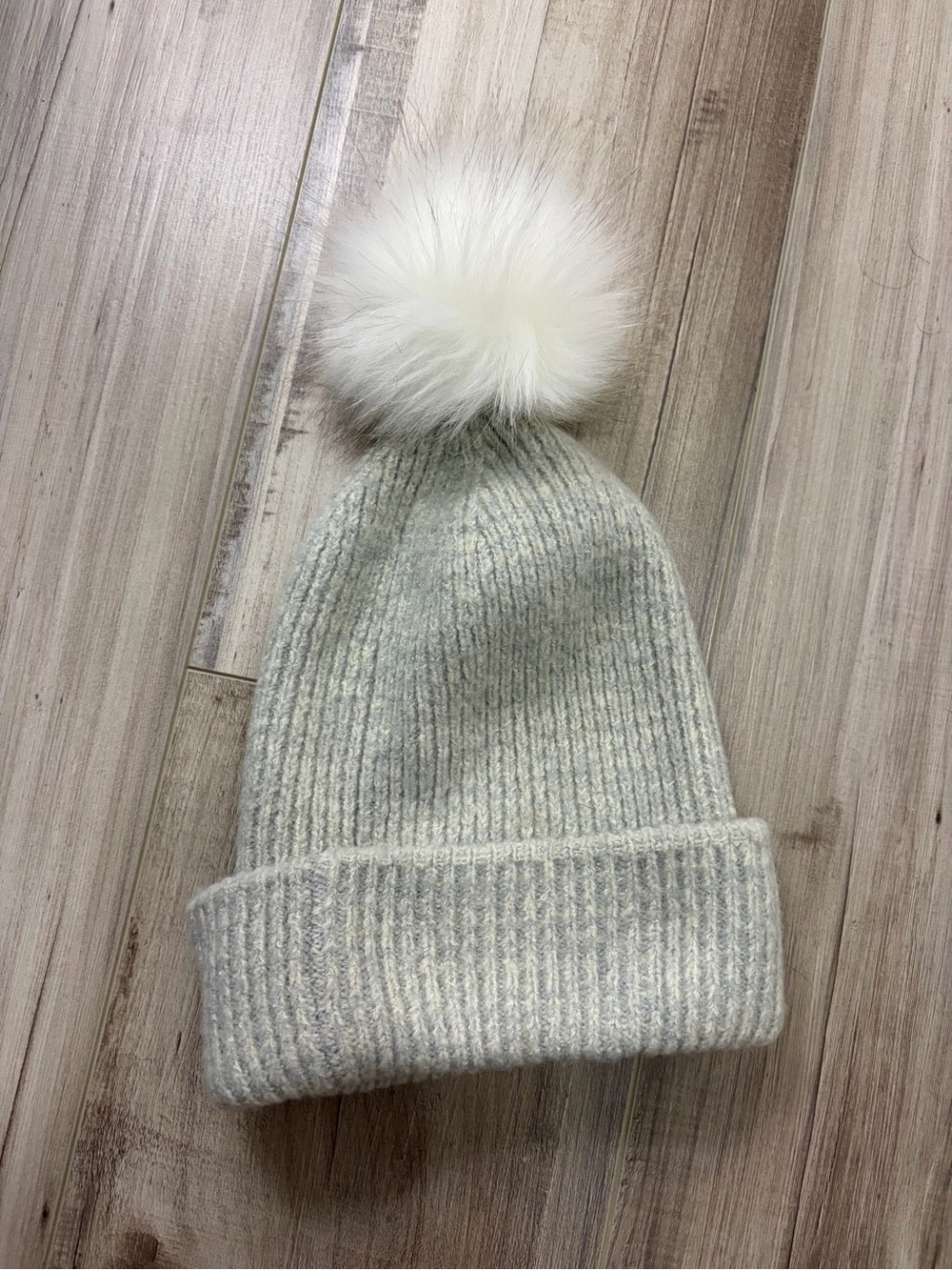 Garage Heather Gray Knit Hat with White Faux Fur Pom